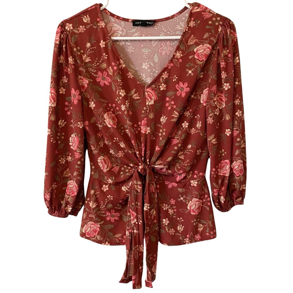 FIFTY STREET Floral V Neck Peplum Blouse Red Size Small Tie Front Preppy